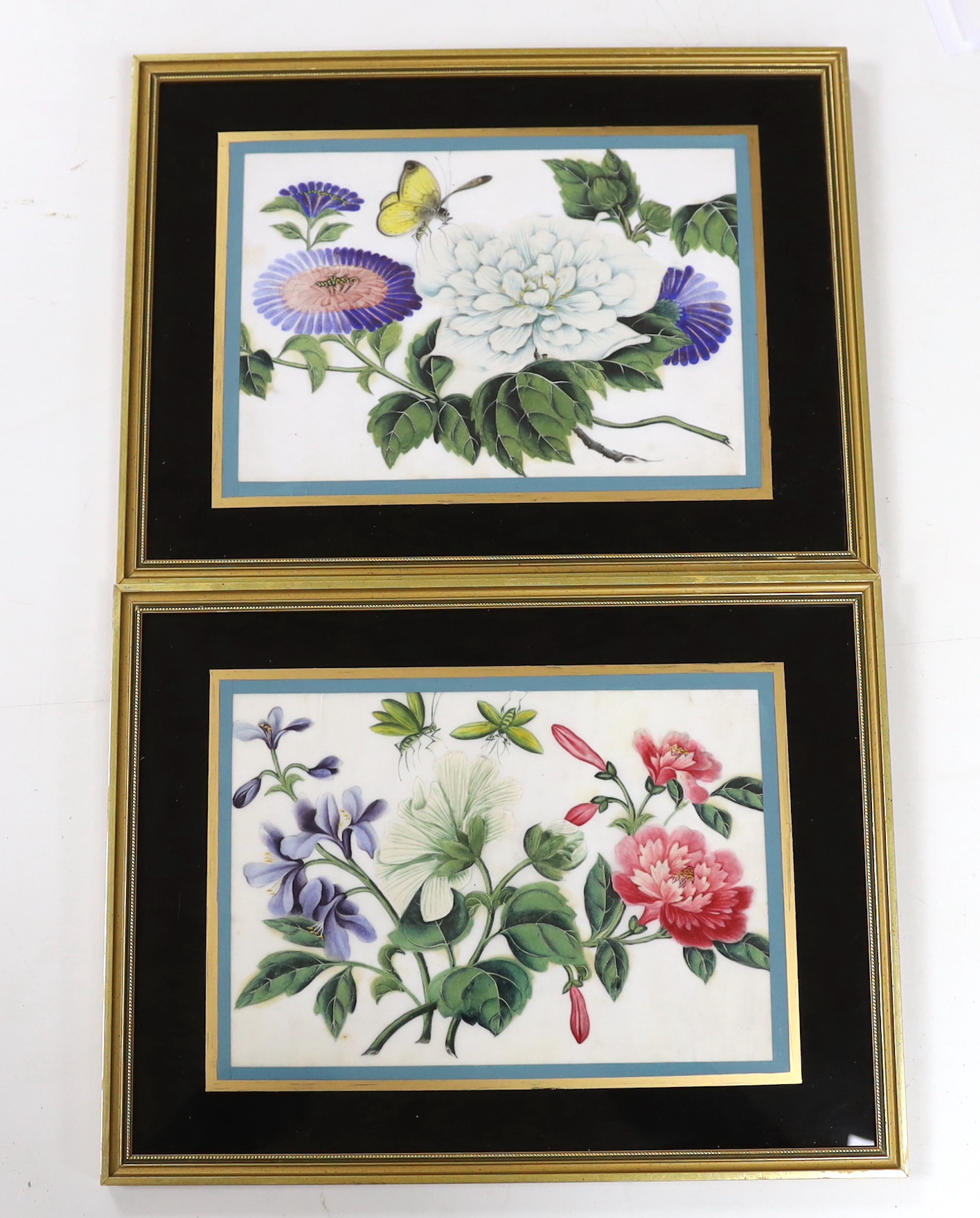 19th century Chinese school, pair of pith paper paintings, Still lifes of flowers, 16.5 x 24cm